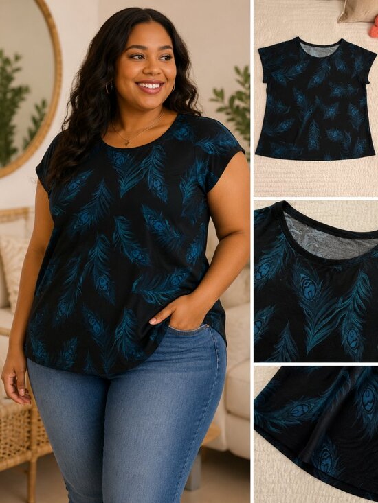 East 5th Tops - Black Peacock Feather Print Top | Soft Everyday Tee | Plus Size 3X
